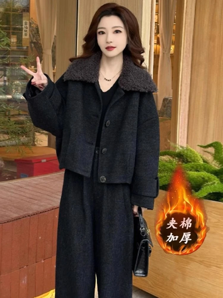 〈纪朵研〉1636秋冬小个子翻领短款外套阔腿裤两件套