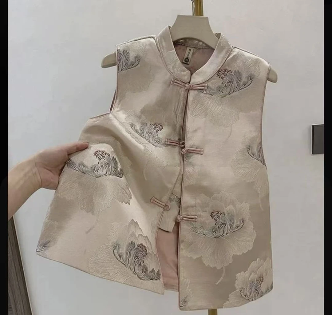 （牡丹织锦马甲）中式上衣显瘦立领盘扣背心时尚百搭