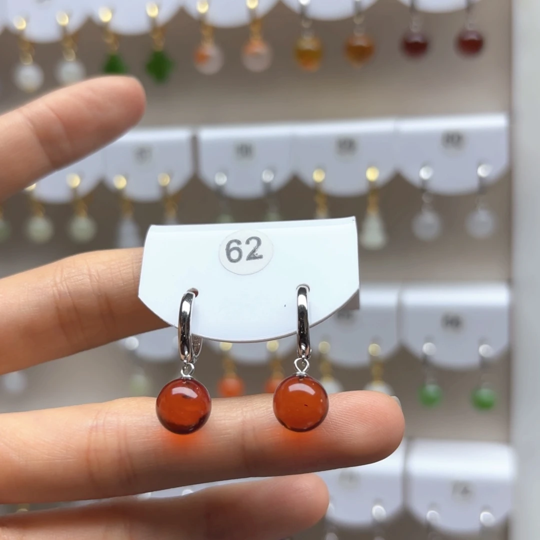 银S925镶嵌琥珀耳饰血珀