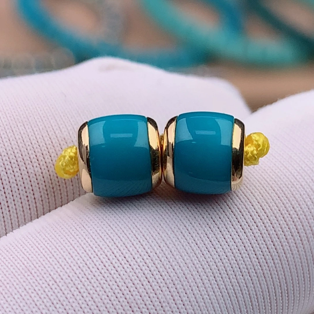 18K金镶嵌绿松石珠宝奇石6mm汉堡直切对珠