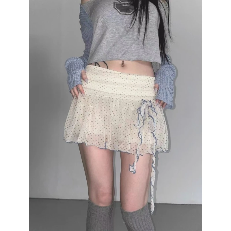 少女感韩系蝴蝶结绑带波点显瘦百搭休闲雪纺半身裙女