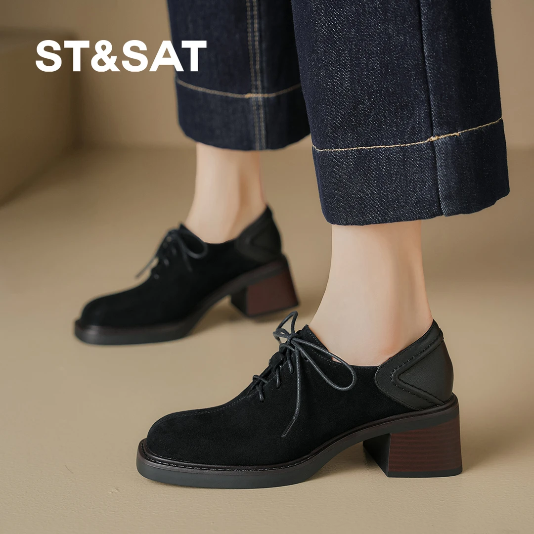 星期六2025年新款深口高跟百搭舒适复古通勤高帮鞋女乐福鞋单鞋