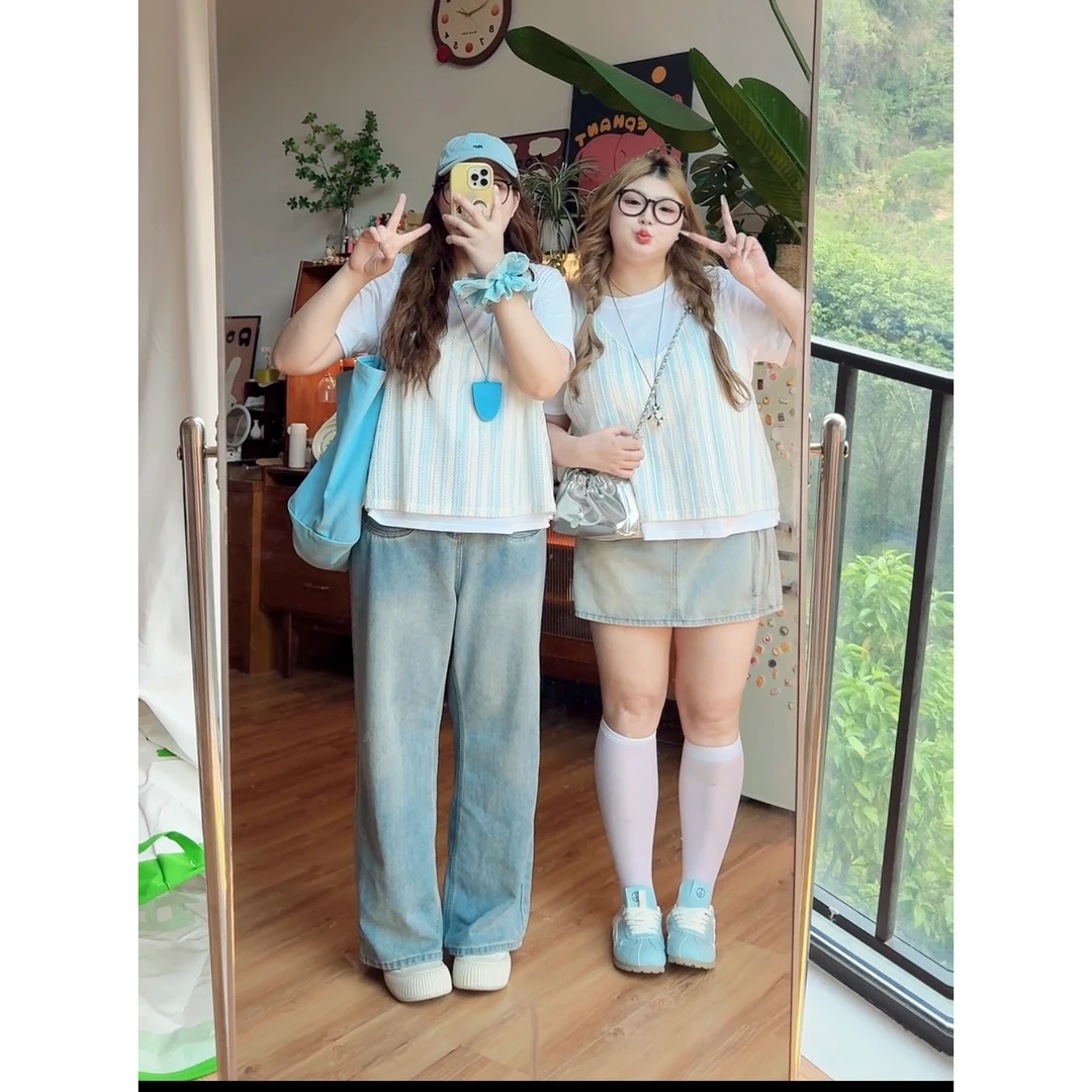 大码女装条纹两件套短袖T恤吊带上衣套装夏季新款潮流设计感6429