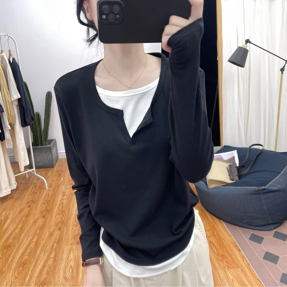 春秋新款螺纹棉假两件小V领长袖T恤女宽松韩版设计感休闲百搭上衣