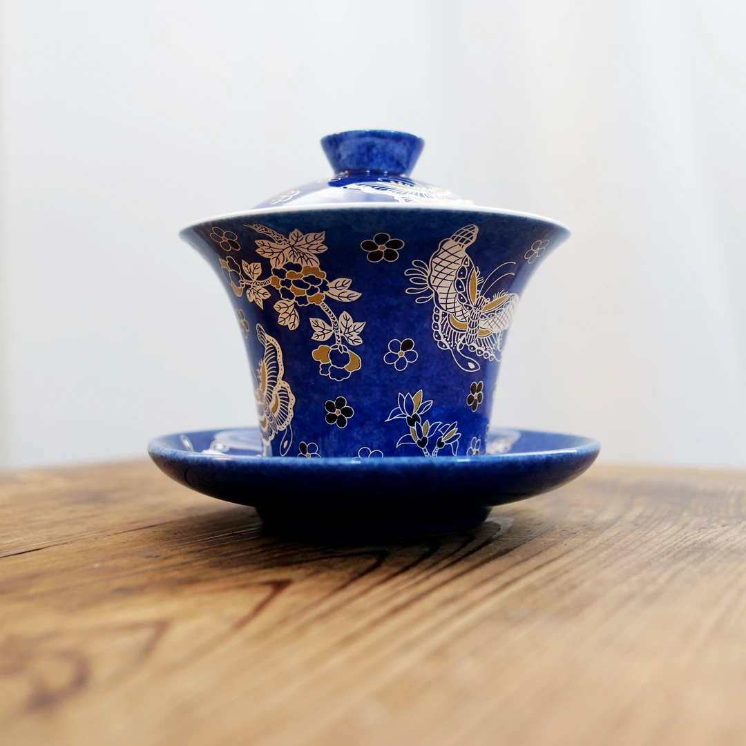 四海新品【洒蓝釉三才盖碗】手绘陶瓷精美茶道器具盖碗容量120ml