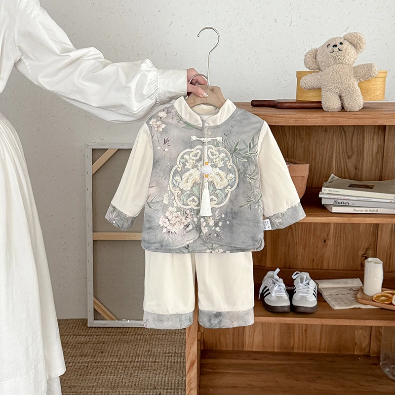 婴儿秋季国风套装新生儿男女宝春秋款连体衣礼服男女宝宝新中式