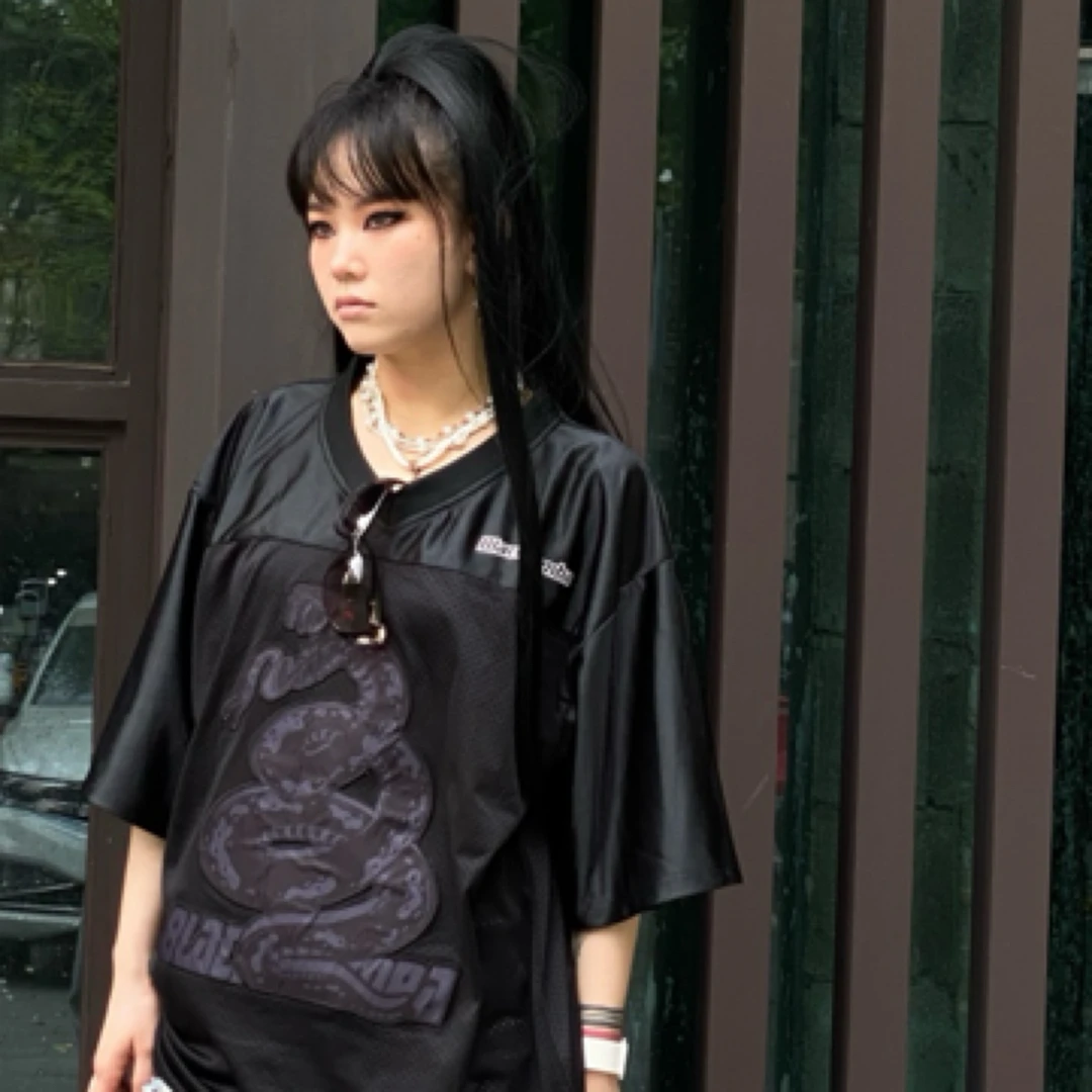 Blackmamba黑曼巴重工刺绣缎面网眼球服