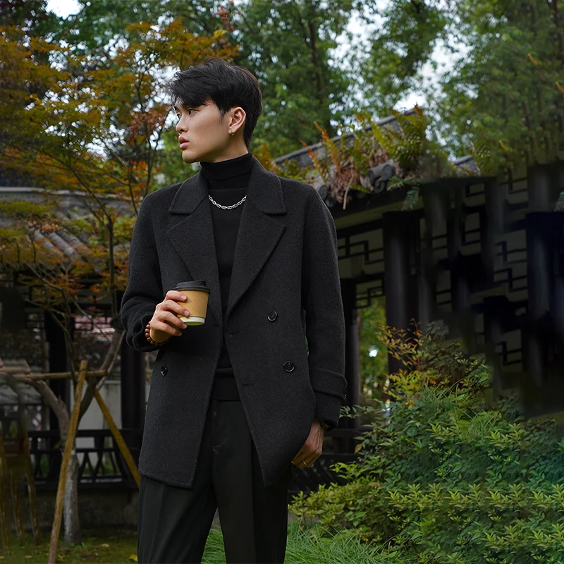 [短款70羊毛]男士秋冬中长款双面西服男装大衣休闲宽松百搭显瘦