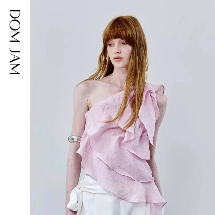 DOM JAM |  粉色单肩荷叶边飘带上衣