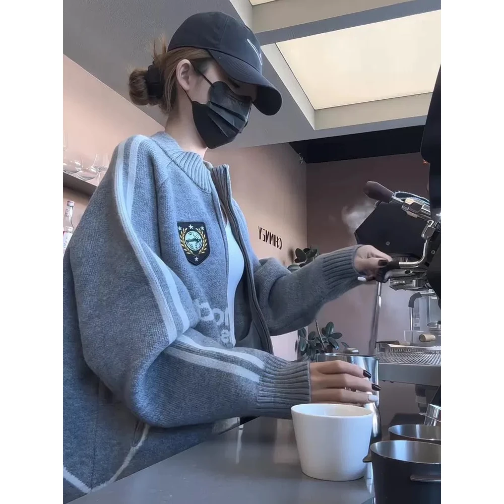 美式复古拉链立领开衫毛衣女秋冬慵懒风宽松外穿内搭针织外套上衣