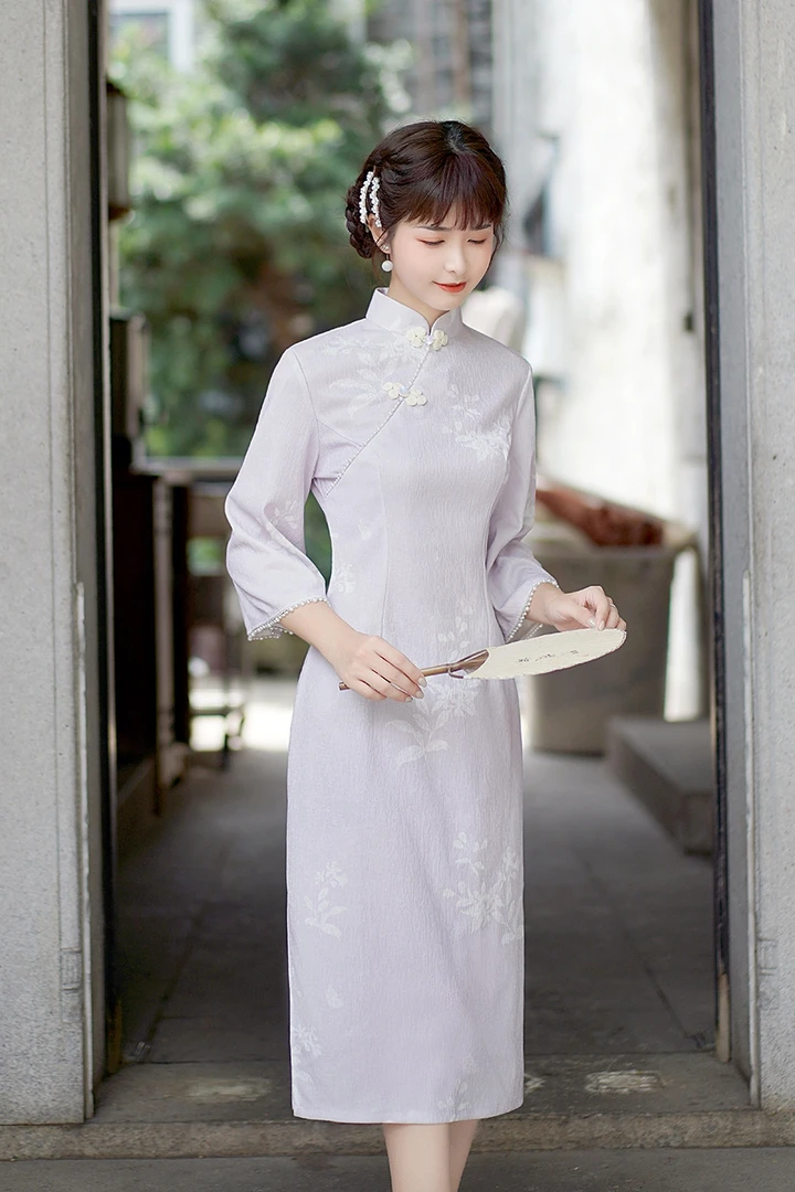 V-2237 闺秀 紫粉 竹节麻复合 春秋款年轻款改良旗袍110cm长款