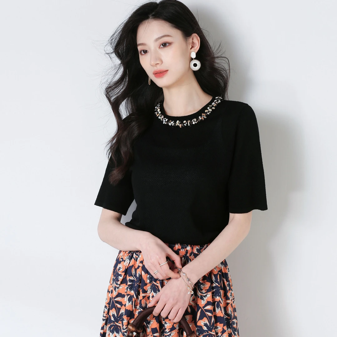 25夏清凉高档贝壳钉珠百搭圆领针织短袖T恤修身显瘦上衣天丝纯色