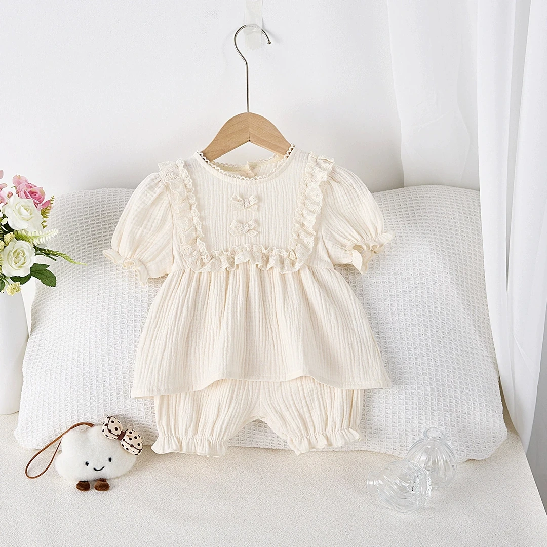 萱妈家【花边两件套】2025夏季婴儿洋气花边皱皱透气布甜美上衣短裤