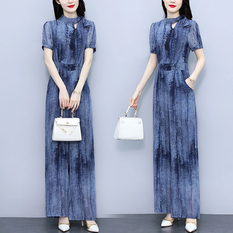 时尚修身显瘦阔腿连体裤套装女夏2025新款蓝色水墨晕染连身连衣裤