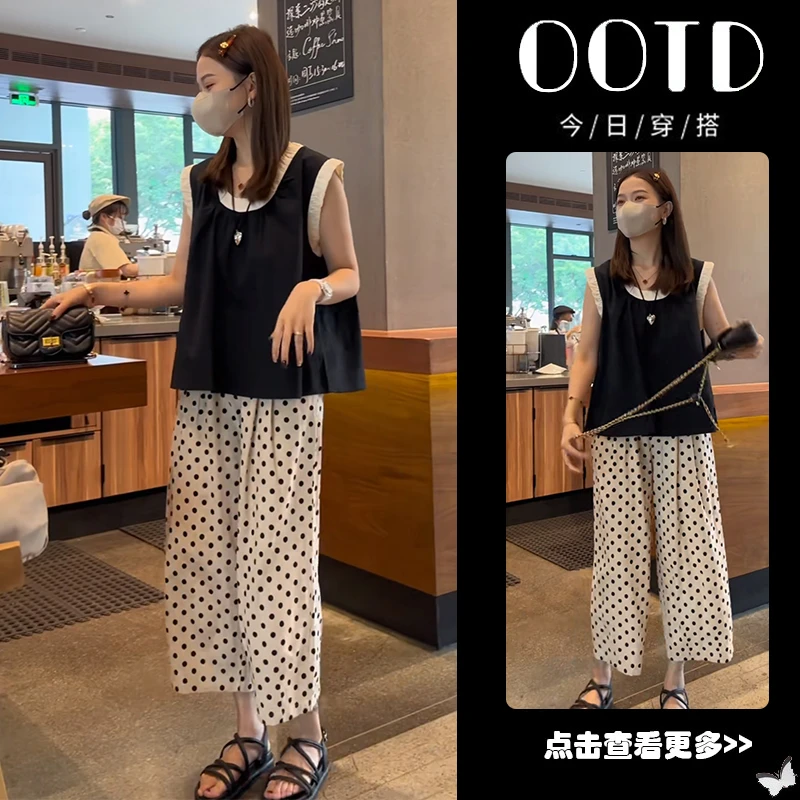 超火夏季穿搭一整套女2025新款撞色拼接无袖衬衫波点休闲裤两件套