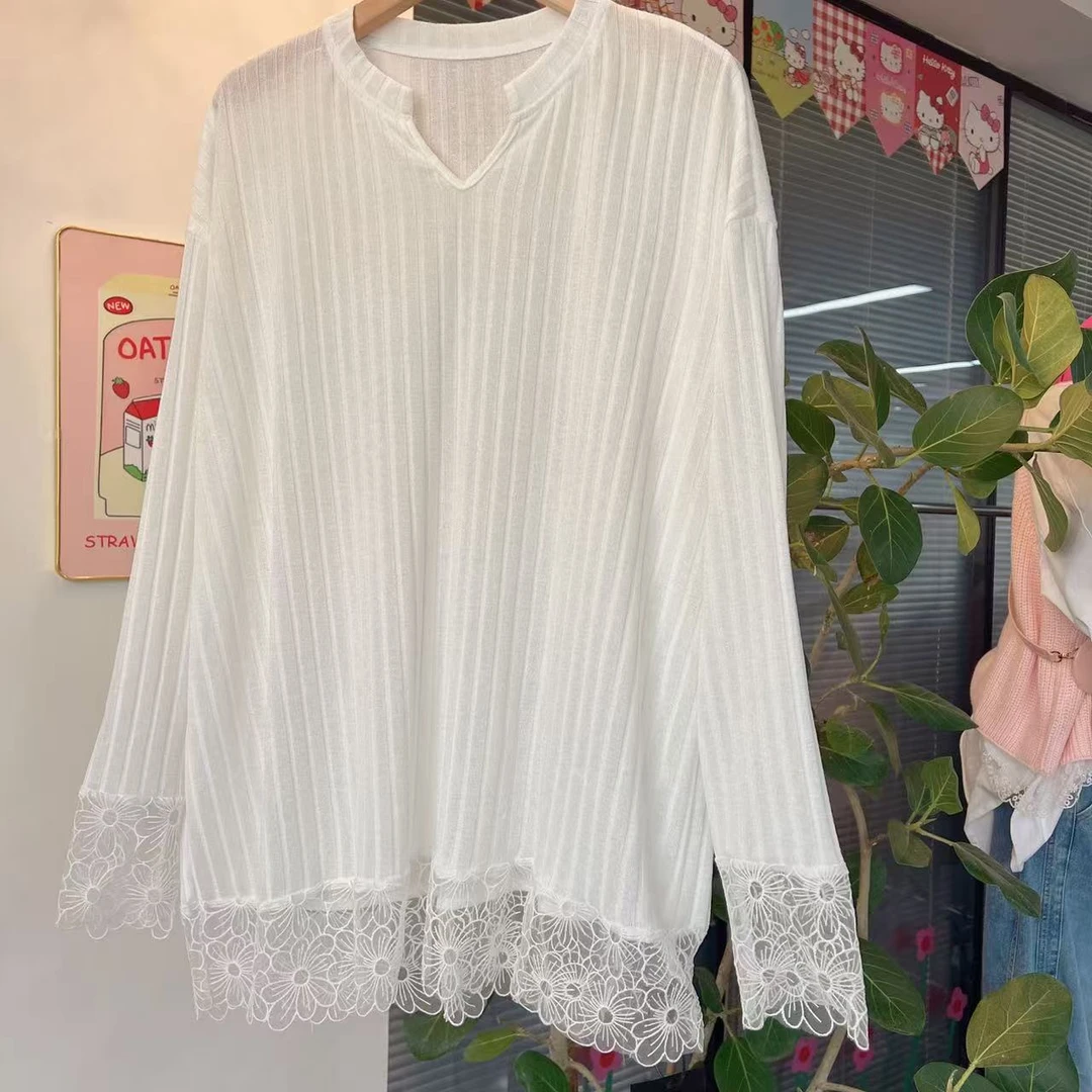 【纯熙+】8802春夏新款竖坑纹拼接花边蕾丝针织衫女韩版宽松上衣