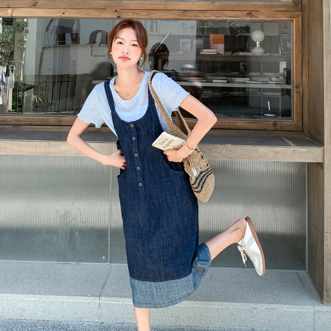 复古港风撞色拼接牛仔背带裙T恤套装女2025夏新款薄款绝美两件套