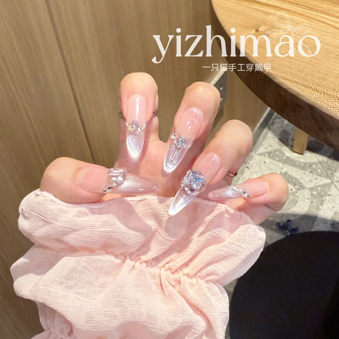 【人鱼玻璃海】喵喵·春夏日粉嫩少女极光猫眼纯手工穿戴甲可拆卸