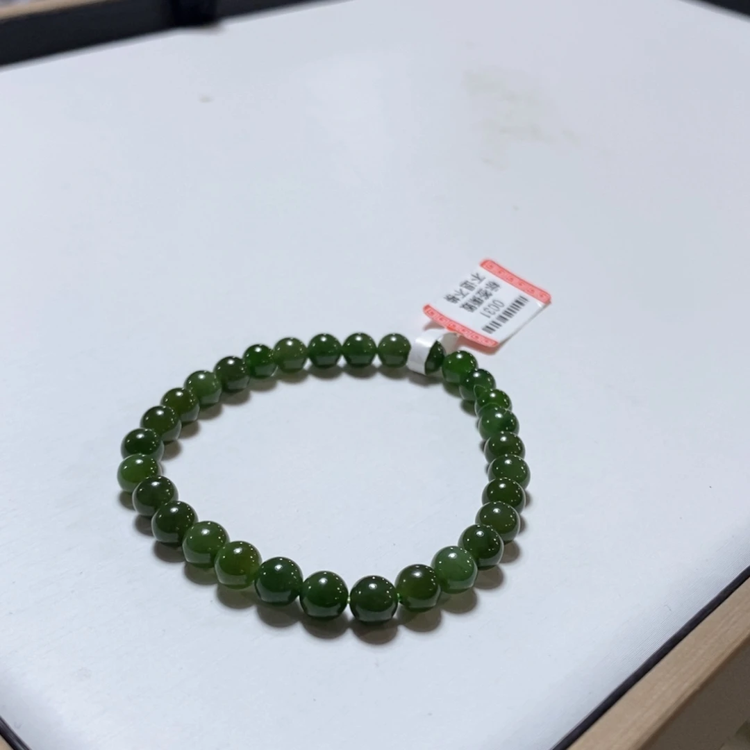 和田玉手串未镶嵌菠菜绿卡6