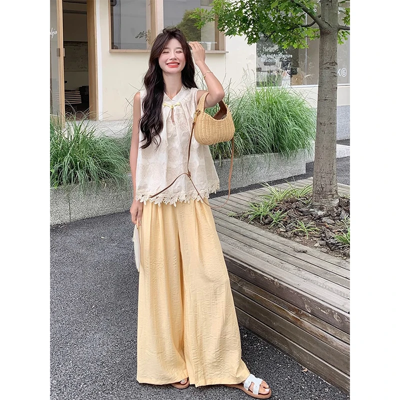 新中式休闲温柔无袖背心套装女2025夏季新款高腰宽松阔腿裤两件套