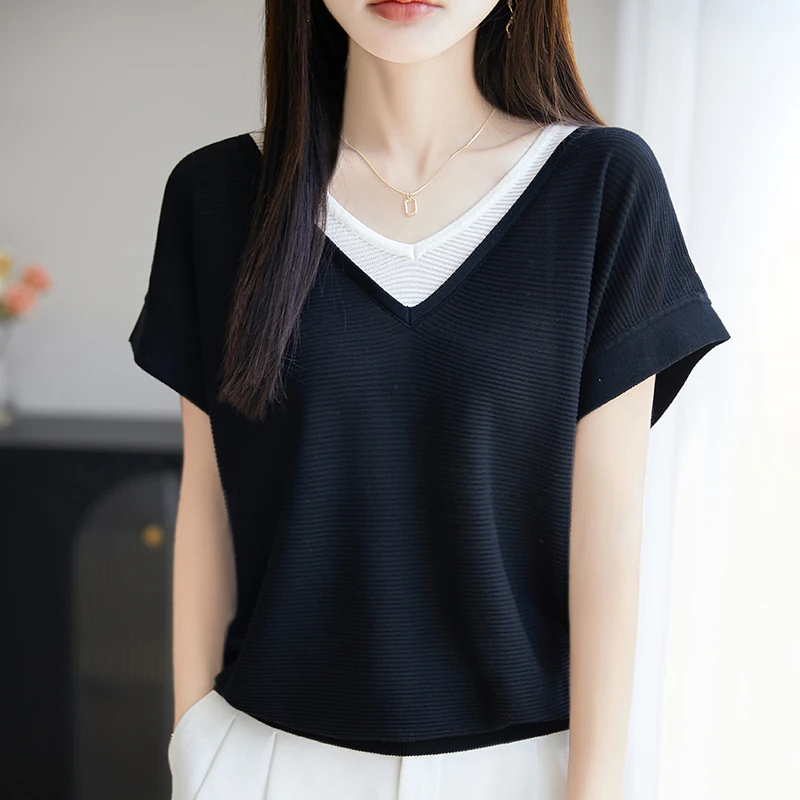 品牌撤柜清仓女装V领夏季假两件撞色气质针织白色宽松短袖T恤衫