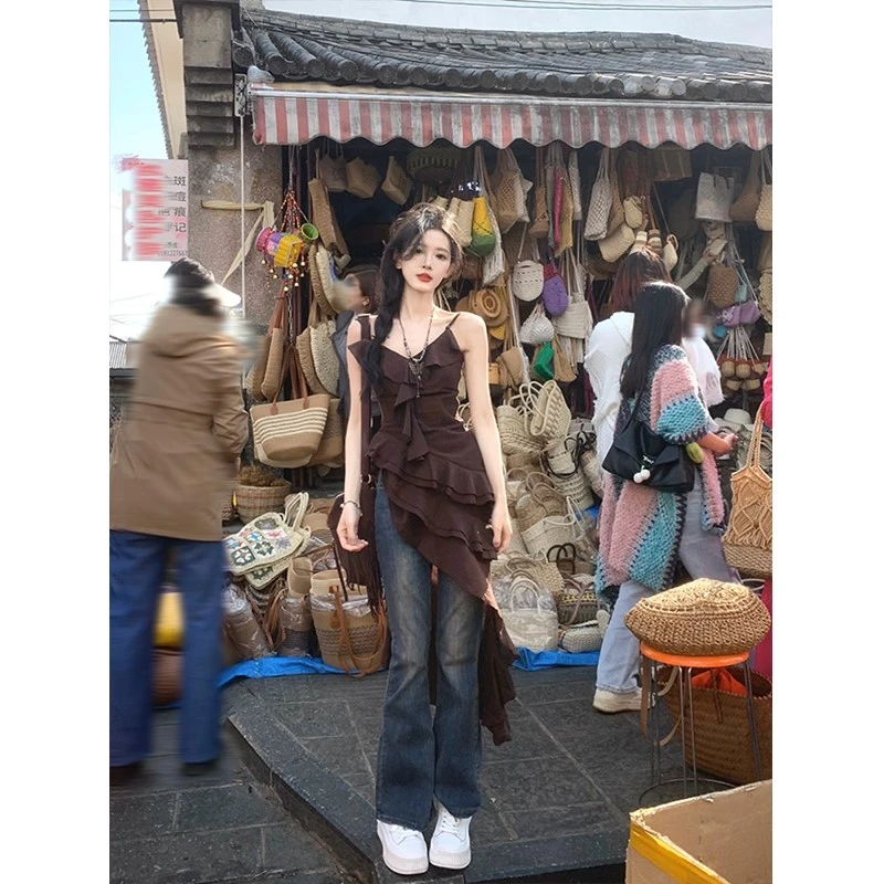 2025夏季新款高级感咖色设计吊带背心纯欲风中长款吊带裙