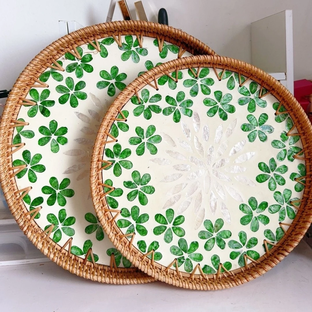 手工藤编创意五叶绿花贝壳托盘水果圆盘客厅收纳家用创意面包民宿