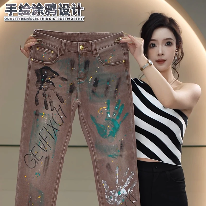 男士牛仔裤秋季手绘涂鸦设计修身小直筒时尚欧货轻奢休闲裤子男款