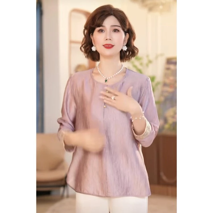 常规纯色常规款时尚气质中老年女装雪纺衫薄款七分袖针织洋气夏季