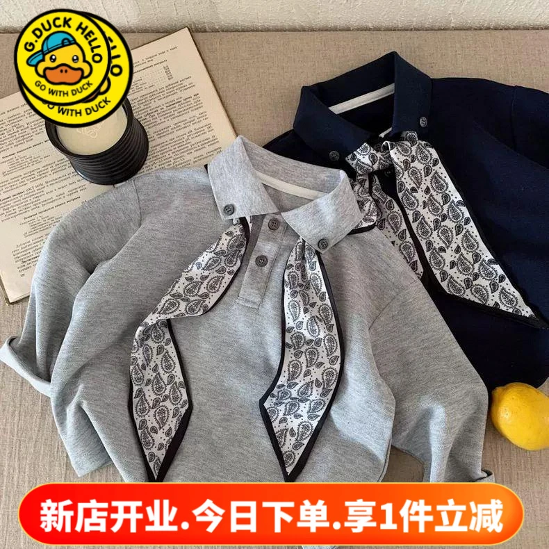 小黄鸭儿童POLO衫男潮范2025秋季新款中小童领带上衣长袖宝宝打底