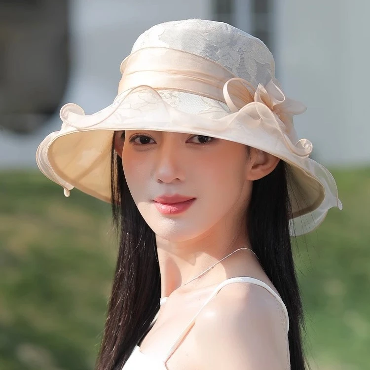 100%桑蚕丝真丝文艺蝴蝶结渔夫帽子女春夏防紫外线轻薄盆帽遮阳帽
