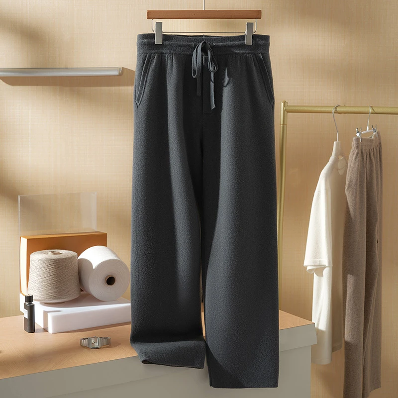 纯山羊绒冬季直筒裤保暖长裤男高腰休闲裤男士加厚
