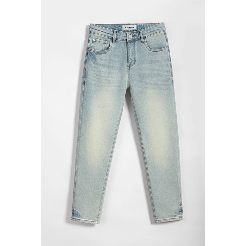 HAOSEN「冬款磨砂蓝」冬款加厚14安男士中腰修身直筒牛仔裤九分裤子