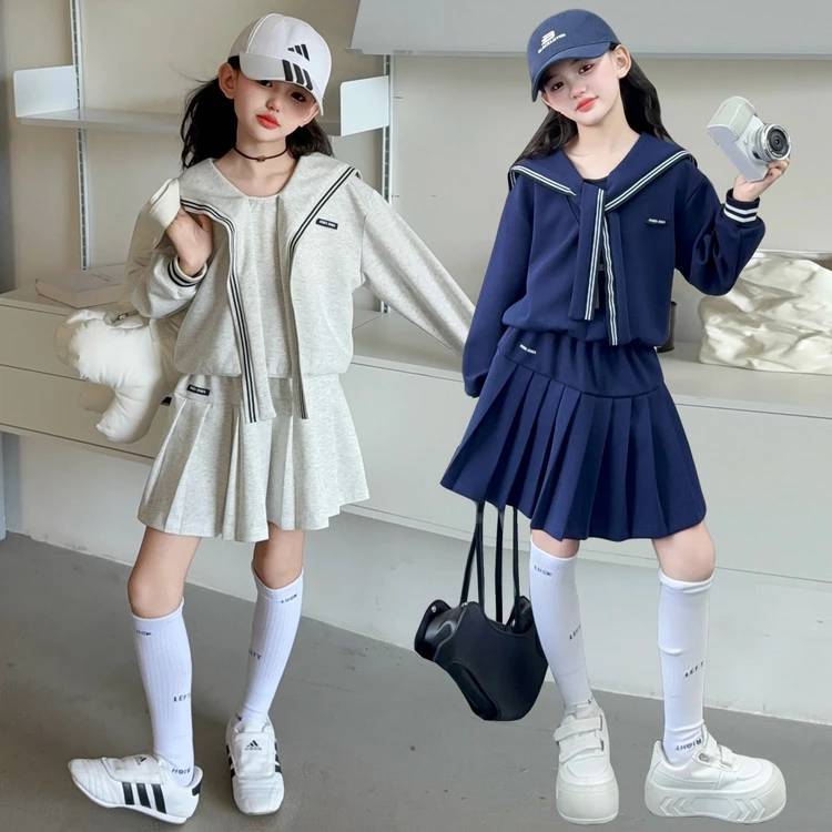 女童学院风套装春秋季2025新款中大童海军领卫衣百褶短裙jk两件套