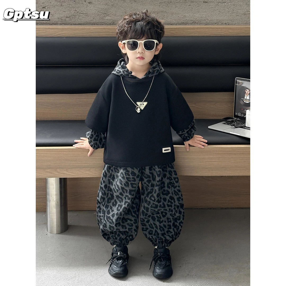 GPTSu男童秋套装韩版炸街儿童卫衣裤子两件套帅气豹纹运动服时尚