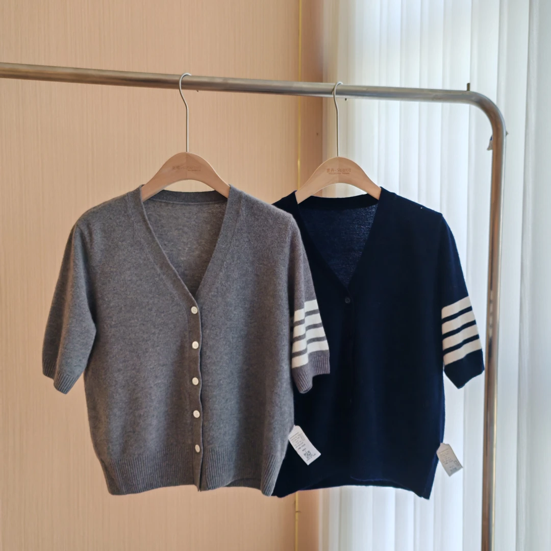 春秋新款V领短袖条纹羊毛毛衣 MJKZR-8016