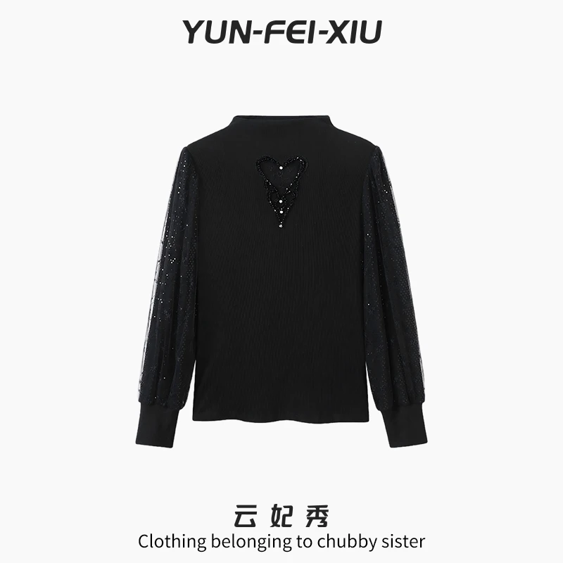 云妃秀大码女装T恤半高领网纱亮片时尚宽松显瘦遮肉胖妹妹冬5218
