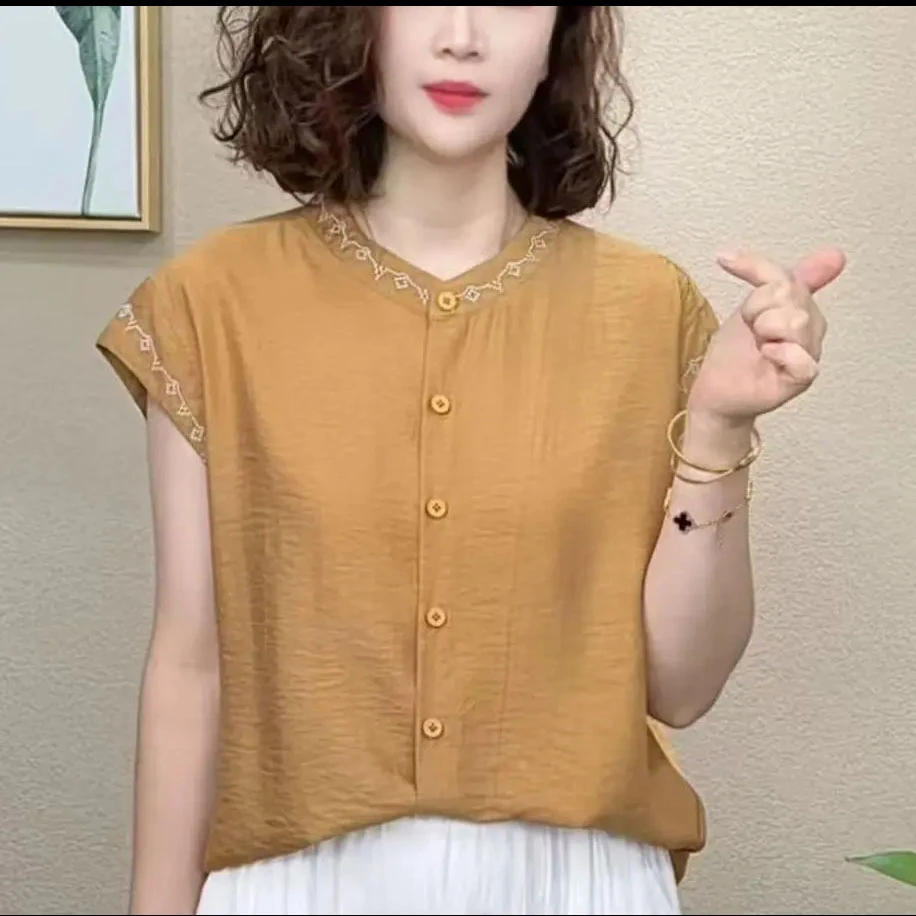 夏季新款薄款衬衫妈妈装圆领刺绣纯色小衫宽松短袖T恤遮肚子上衣