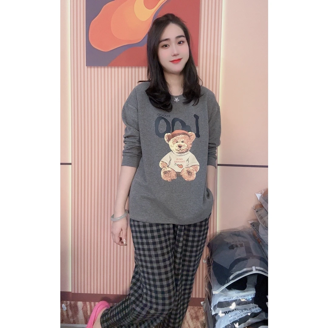 睡衣女冬季新款羊绒长袖长裤韩版甜美时尚家居服套装（格子熊）