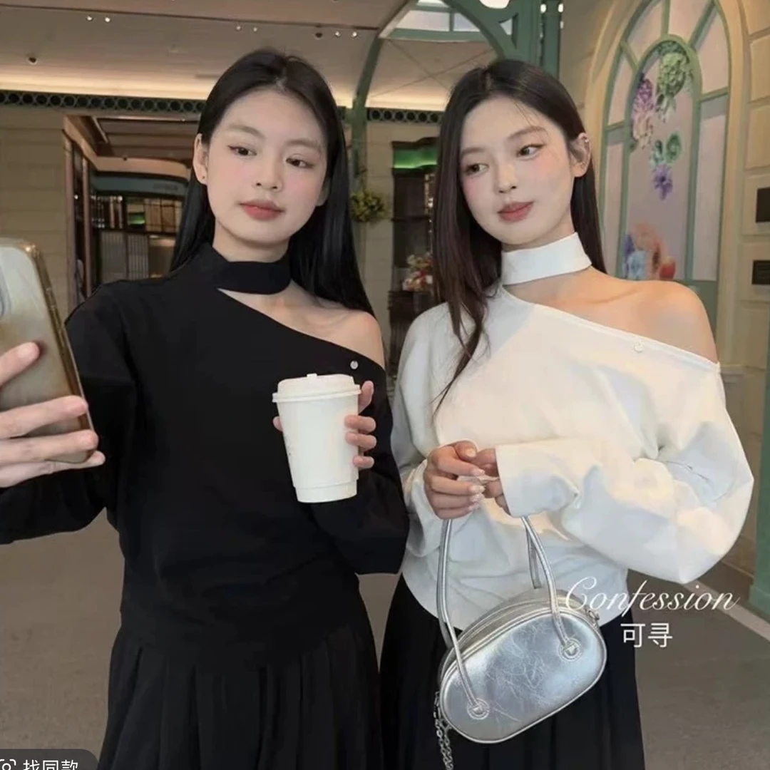 欧洲站2025春夏新款小心机镂空立领长袖T恤小个子女高腰减龄上衣