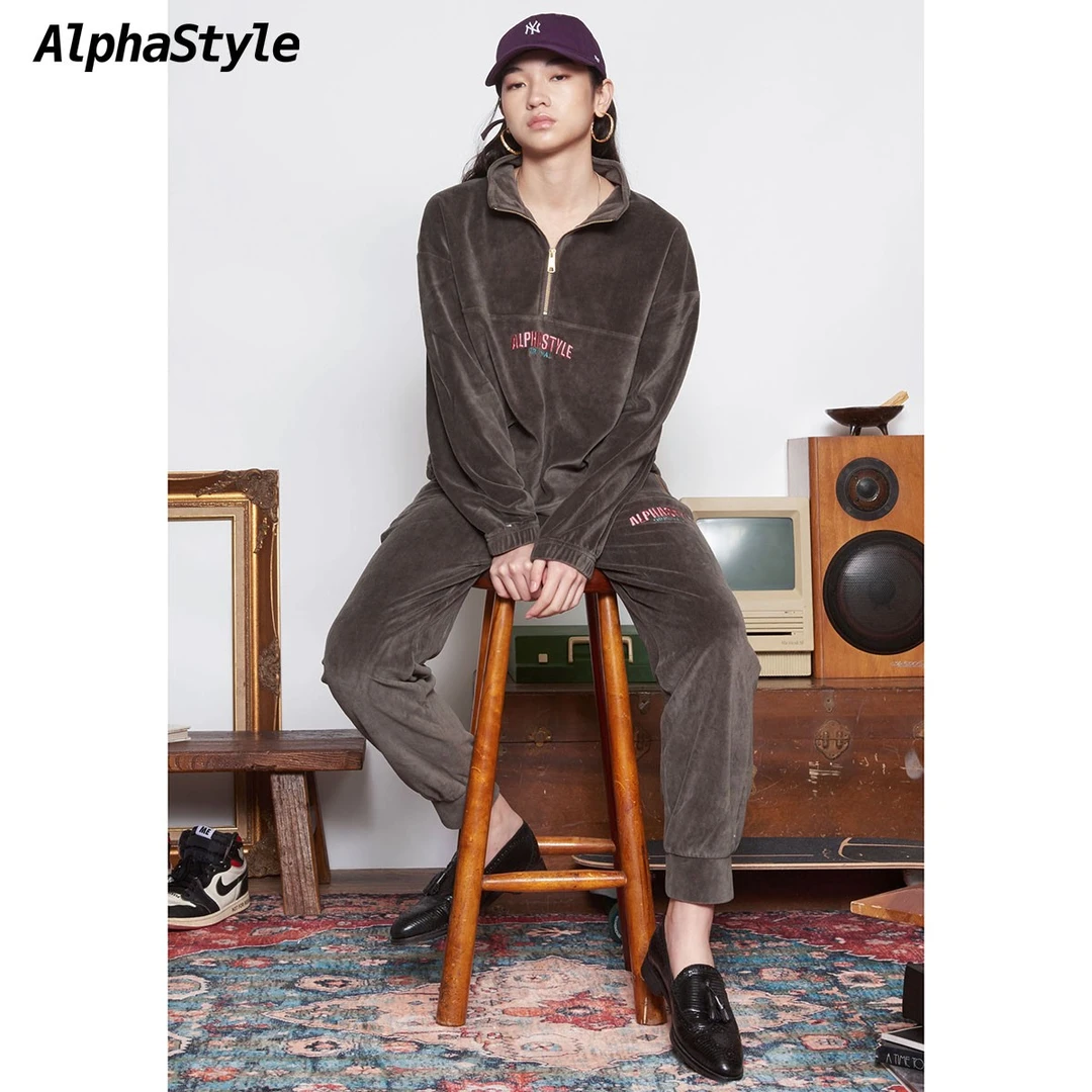 ALPHASTYLE时尚潮牌春秋季休闲宽松拉链套头卫衣刺绣纯色运动套装