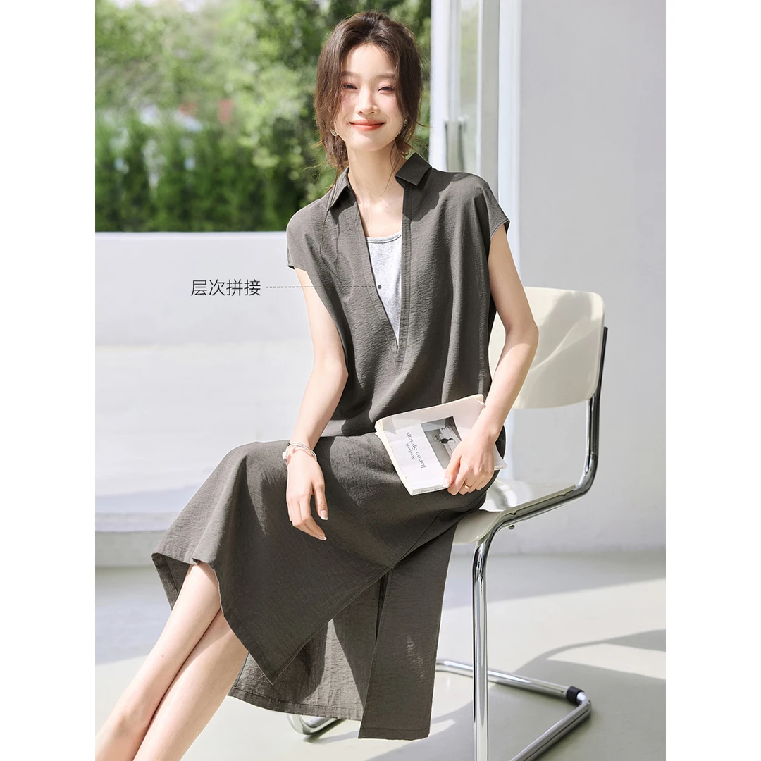 知识分子老风裙子2025夏季新款麻假两件无袖连衣裙女