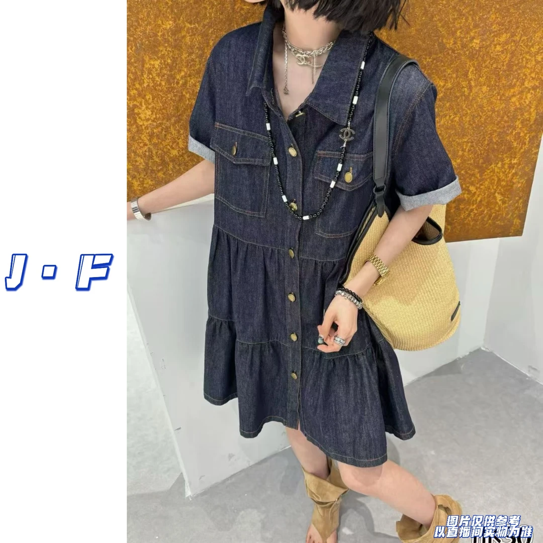 JF定制大码女装HK30港风翻领甜美牛仔连衣裙