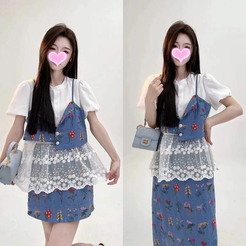 轻奢高级感小套装女2025夏季新款假两件蕾丝拼接上衣半身裙两件套