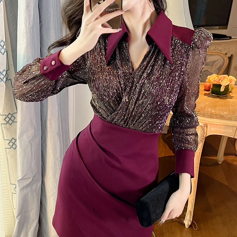 秋季新款纯欲风辣妹包臀裙高腰显瘦气质POLO领衬衫连衣裙女50673