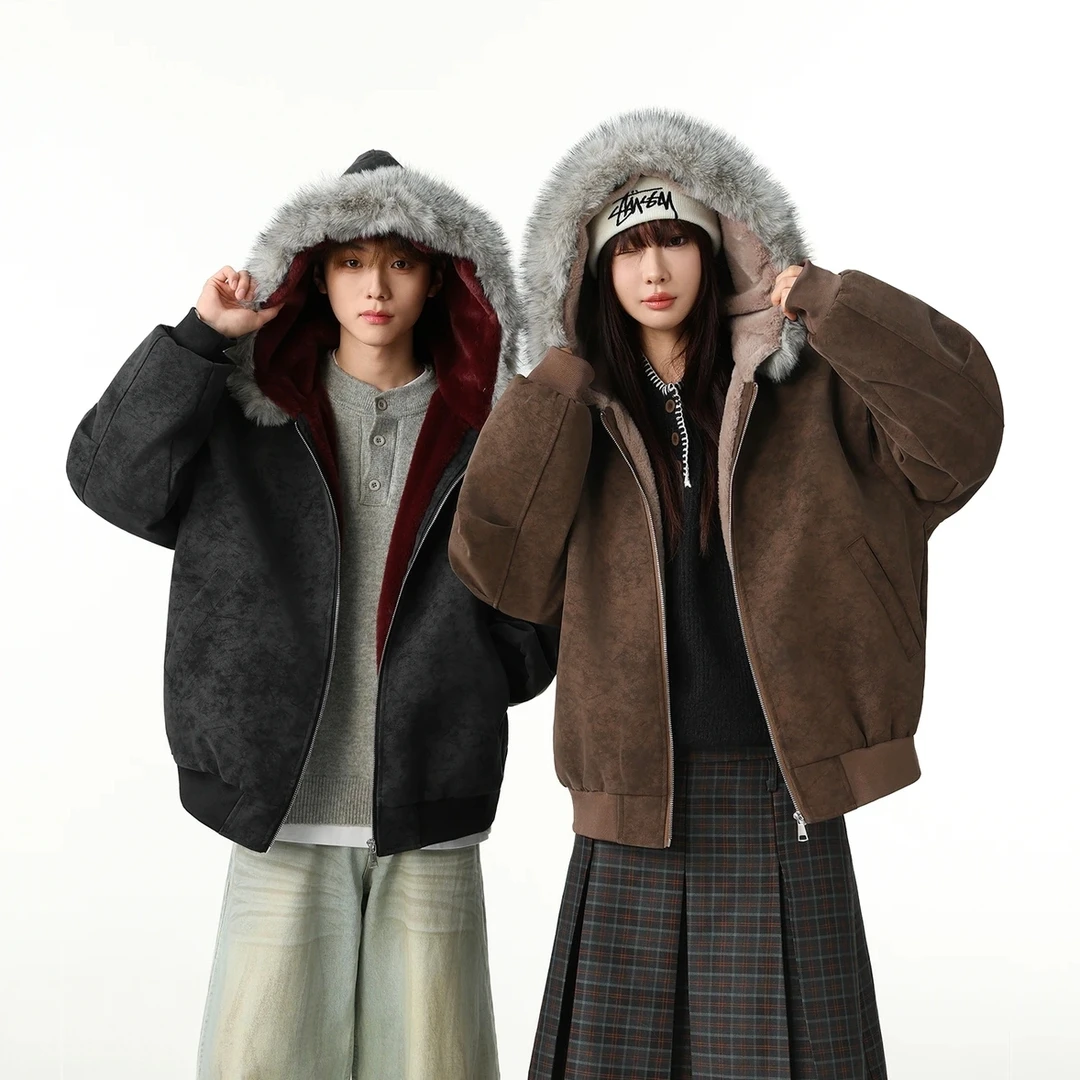 MANRE SHOW冬季新款可拆卸毛领连帽棉服加绒加厚座山雕棉衣外套