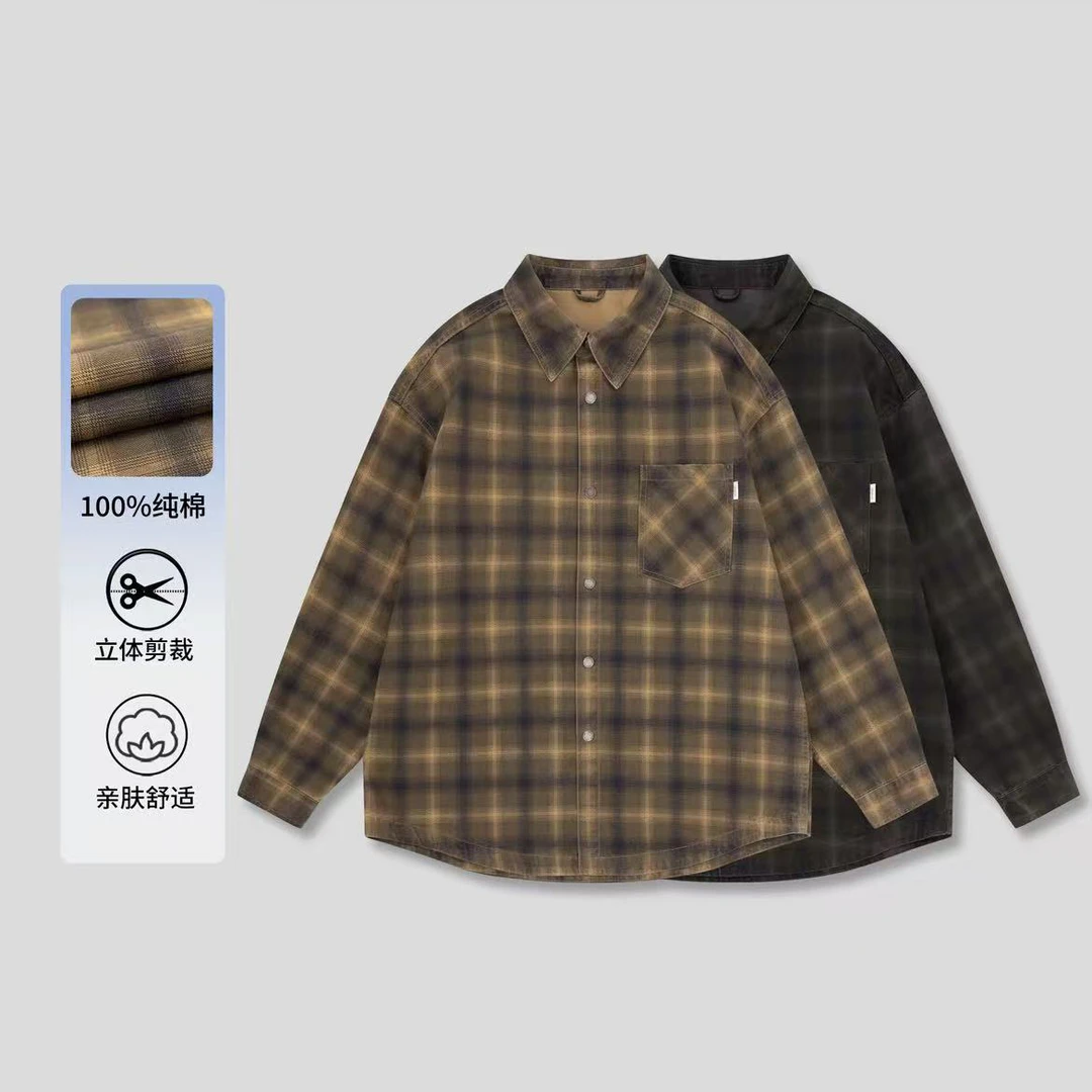 秋冬新款情侣加绒加厚衬衫休闲百搭格子衬衫宽松休闲翻领夹克外套