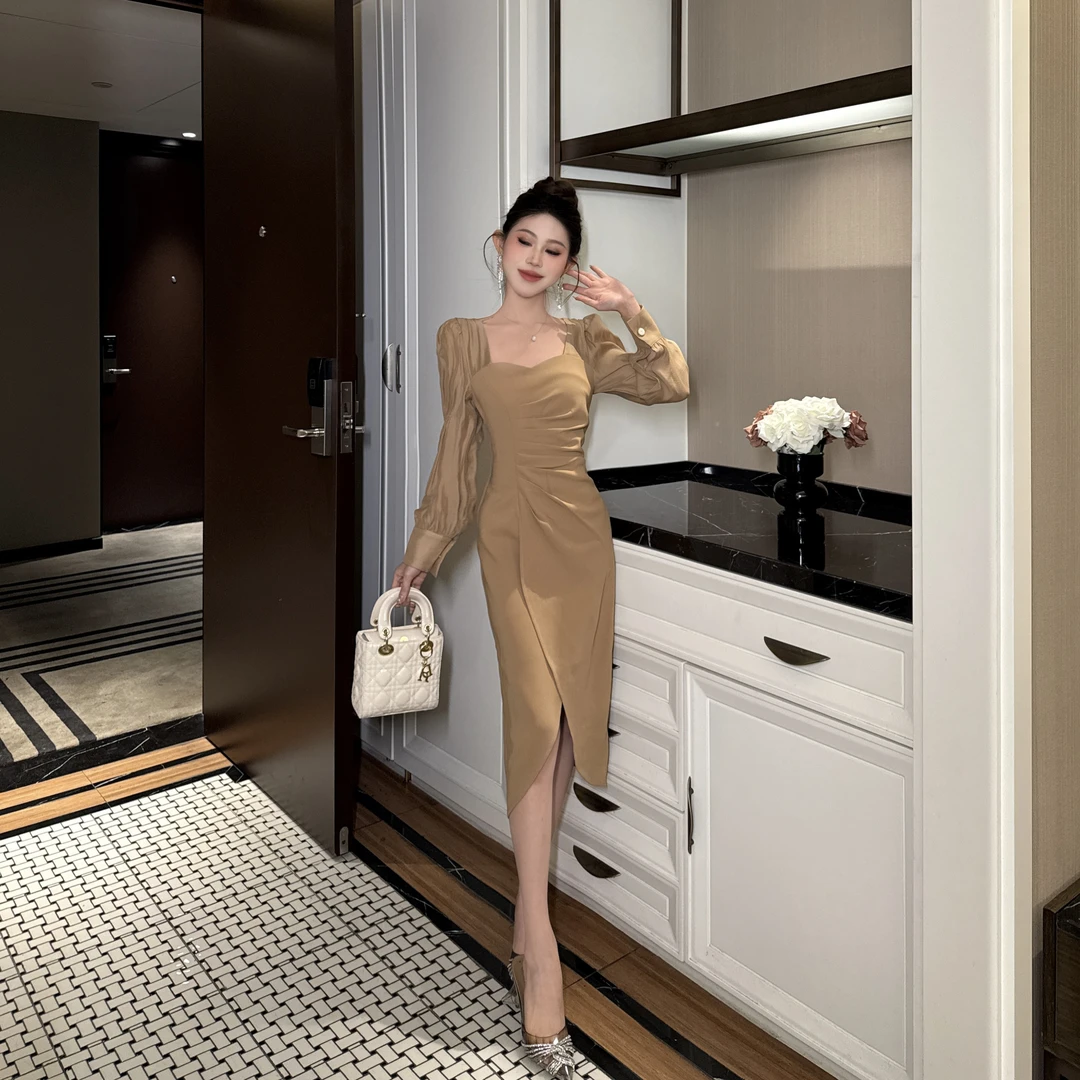 【惠子原创】修身显瘦气质优雅法式性感开叉褶皱包臀连衣裙4478