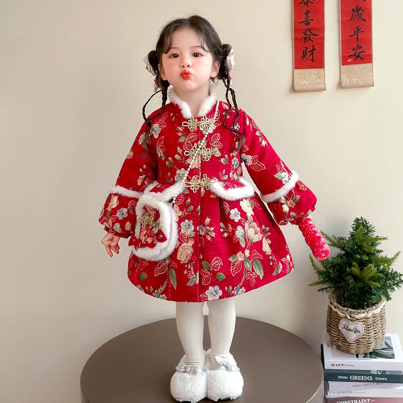 汉服冬款女童女宝新年礼服装冬季新年童装女儿童加厚高档唐装衣服