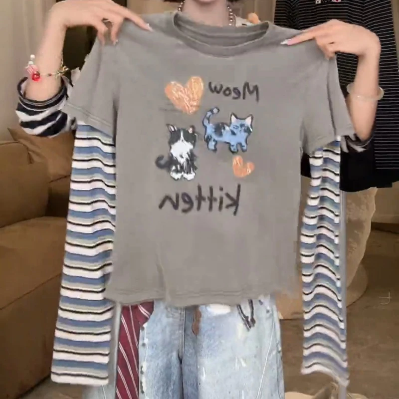 新款早秋印花时尚长袖棉t恤女百搭短打底上衣LK2507021